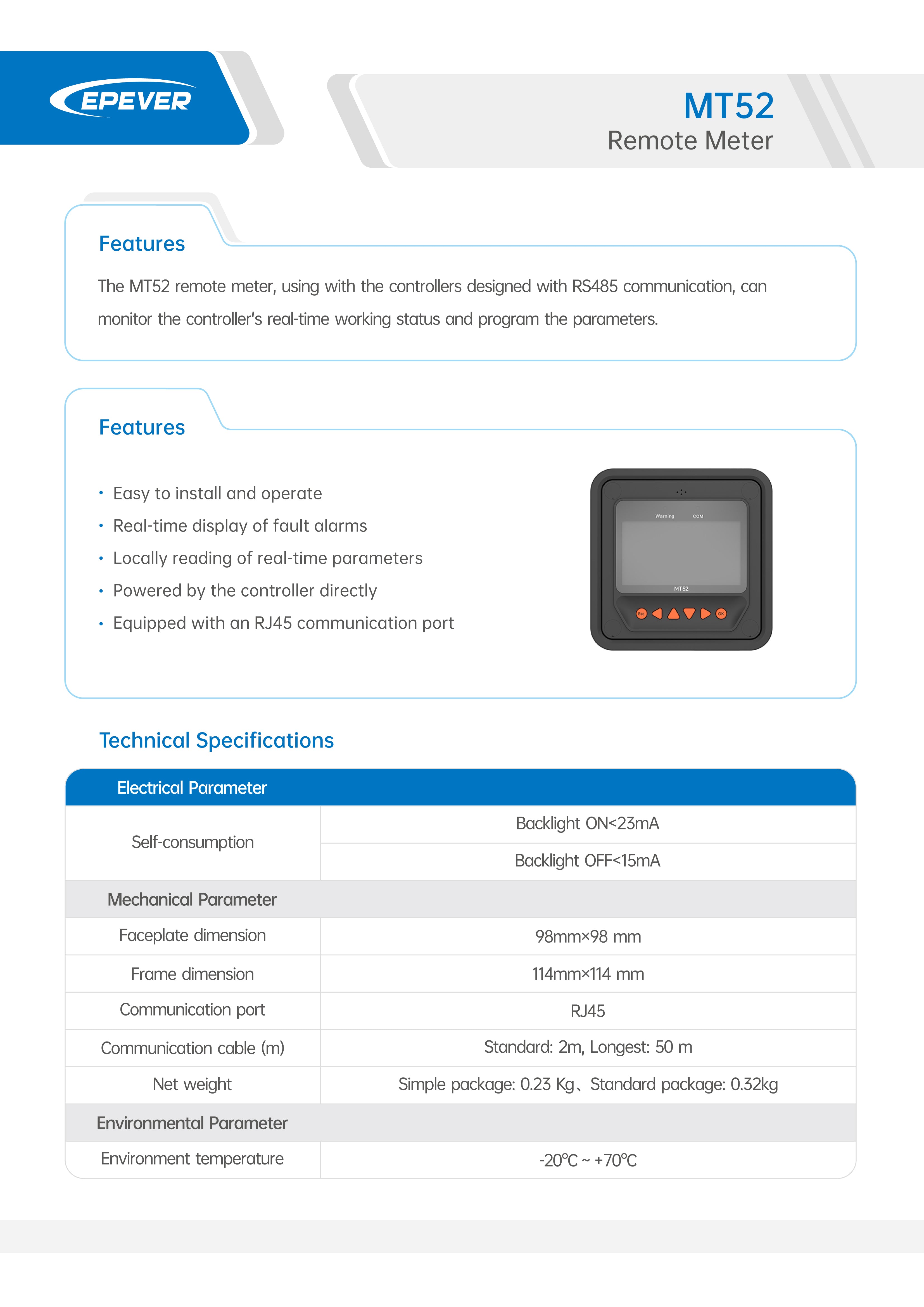 EPEVER MT52 Remote Meter